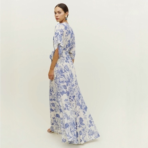 Reformation Winslow Lucerne Floral Blue White Rose Wrap Dress slit tie waist NWT - Picture 4 of 9